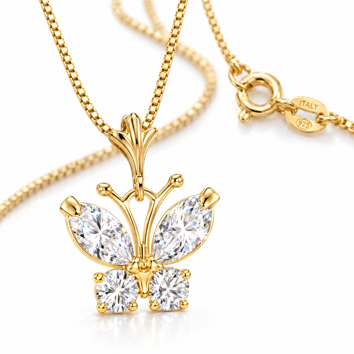 Yellow Gold Miranda cubic zirconia necklace, shown with chain and clasp detail.