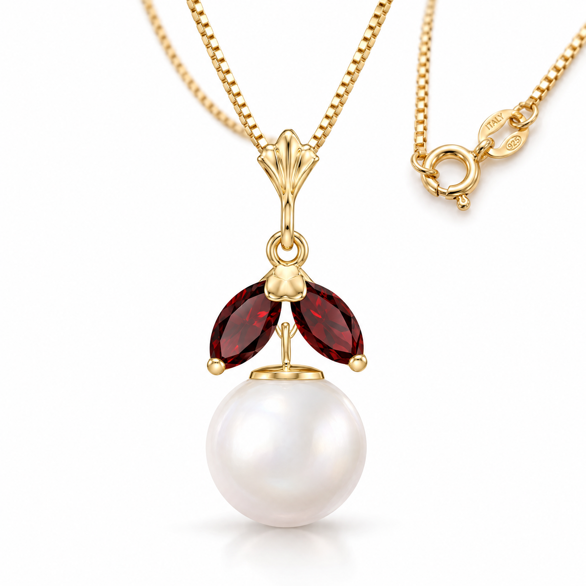 Yellow Gold Romilda freshwater pearl necklace, shown with chain and clasp detail.