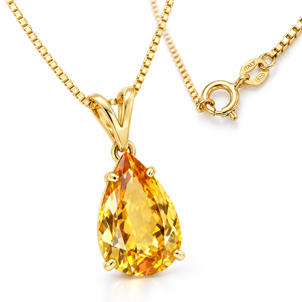 Yellow Gold Camelia natural citrine necklace, shown with chain and clasp detail.