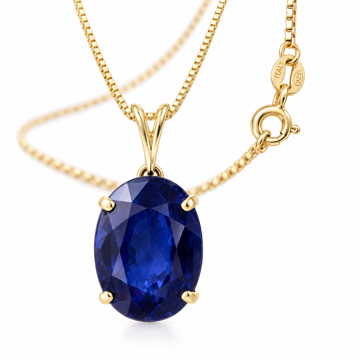 Yellow Gold Gemma lab-grown sapphire necklace, shown with chain and clasp detail.