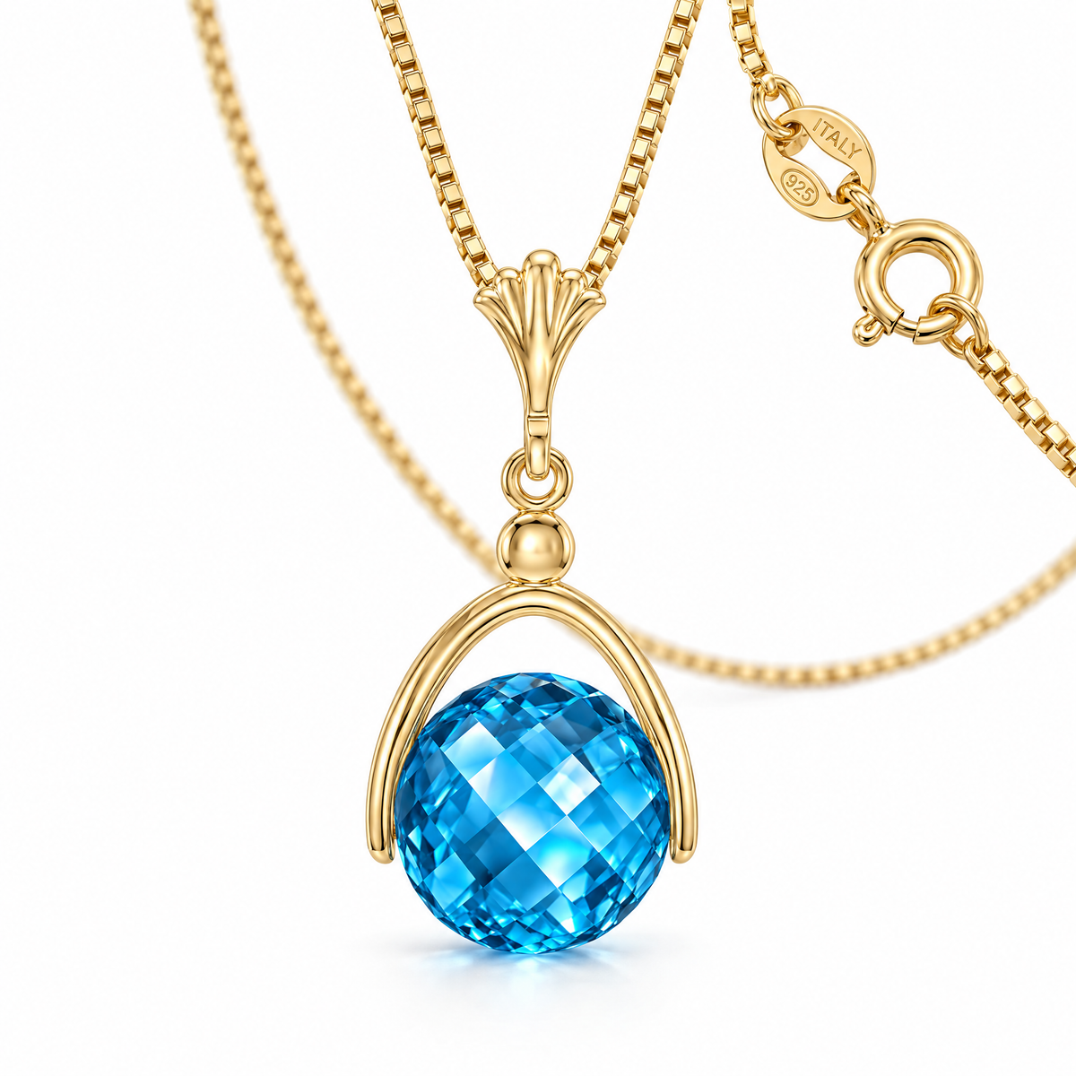 Yellow Gold Benedetta natural blue topaz necklace, shown with chain and clasp detail.