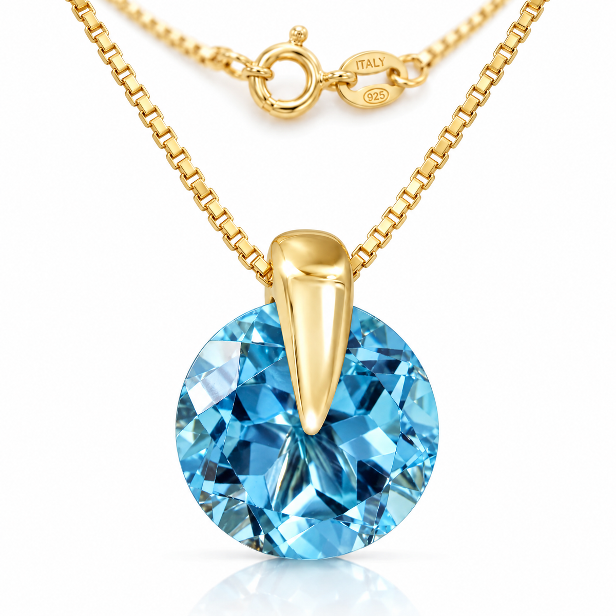 Yellow Gold Demitra natural blue topaz necklace, shown with chain and clasp detail.