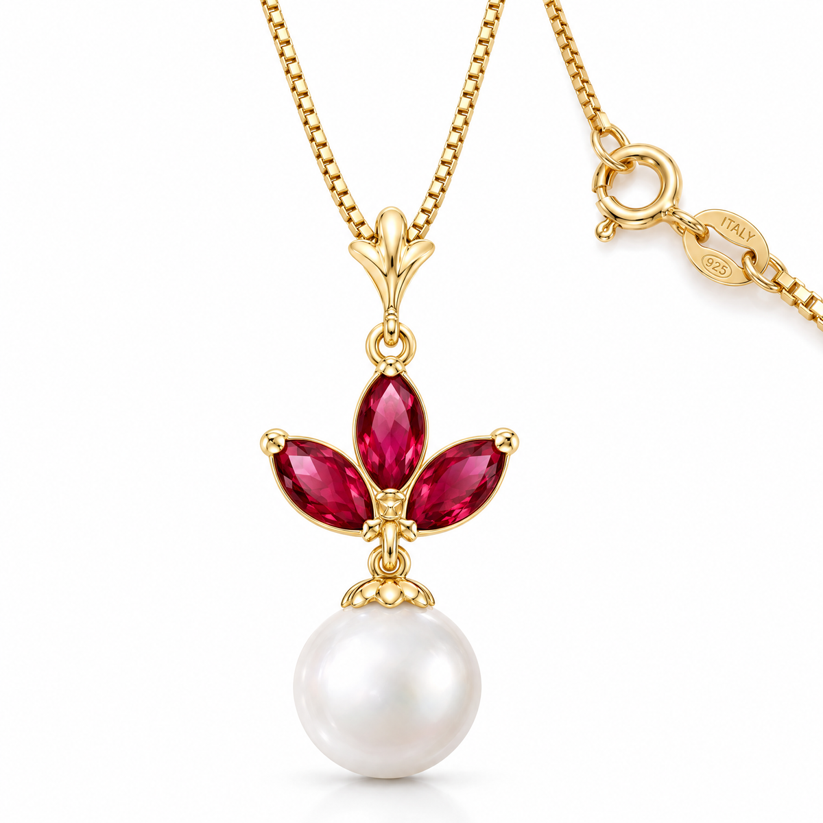 Yellow Gold Colombina lab-grown ruby necklace, shown with chain and clasp detail.