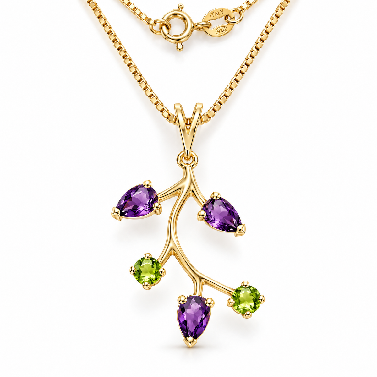 Yellow Gold Nadia natural peridot and amethyst necklace, shown with chain and clasp detail.