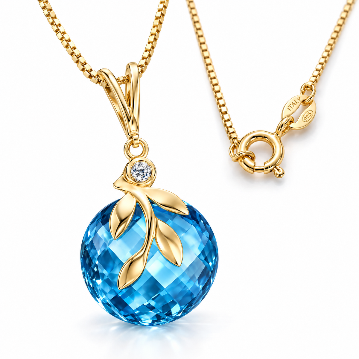 Yellow Gold Adalgisa natural blue topaz and diamond necklace, shown with chain and clasp detail.