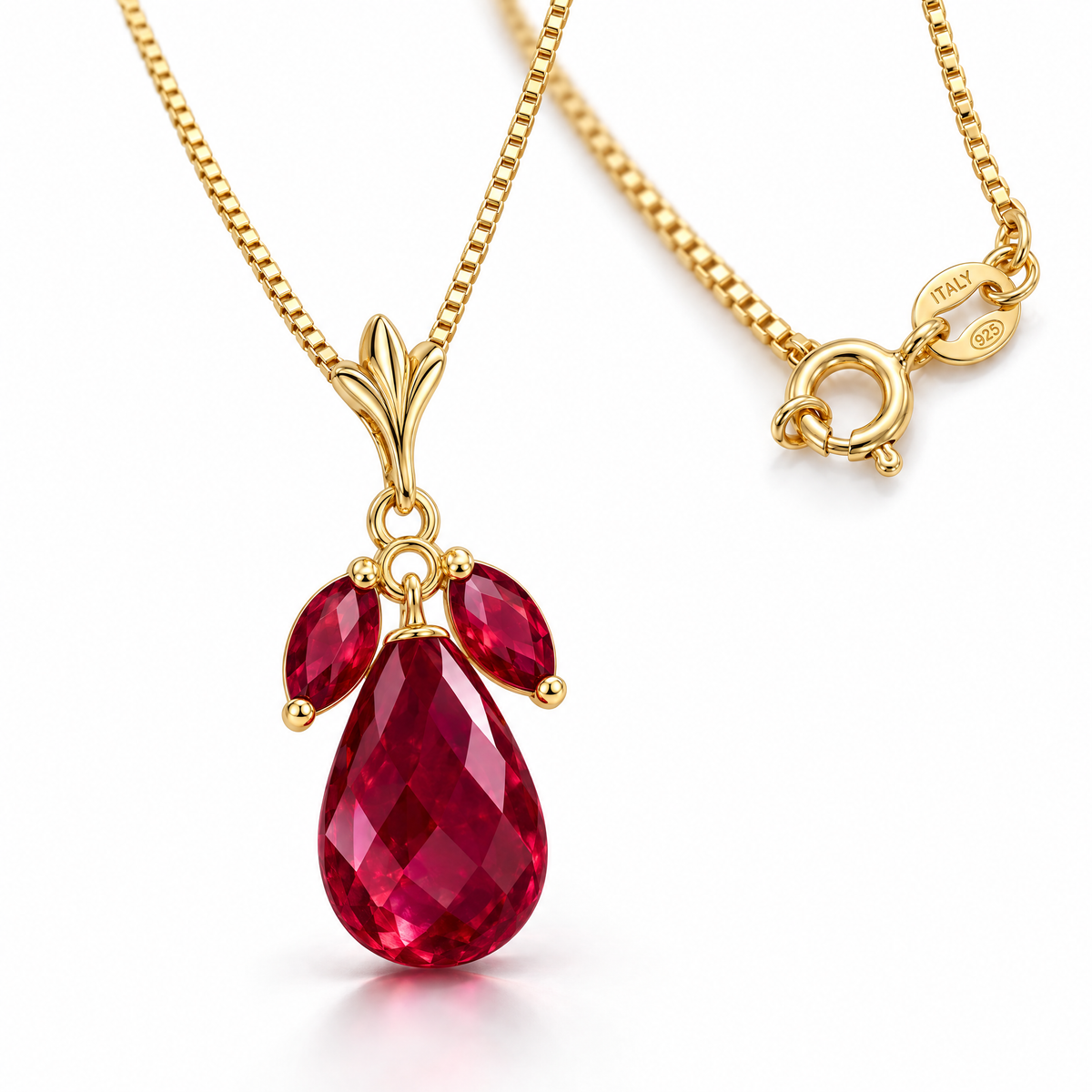 Yellow Gold Laura lab-grown ruby necklace, shown with chain and clasp detail.