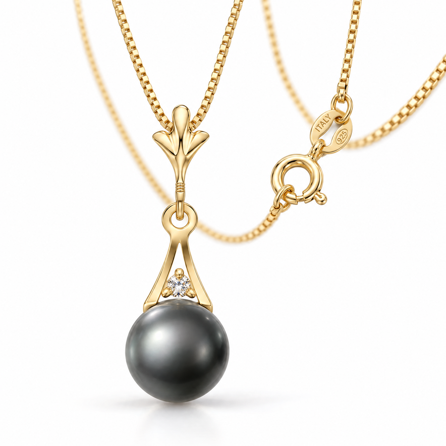 Yellow Gold Albertina freshwater pearl necklace, shown with chain and clasp detail.