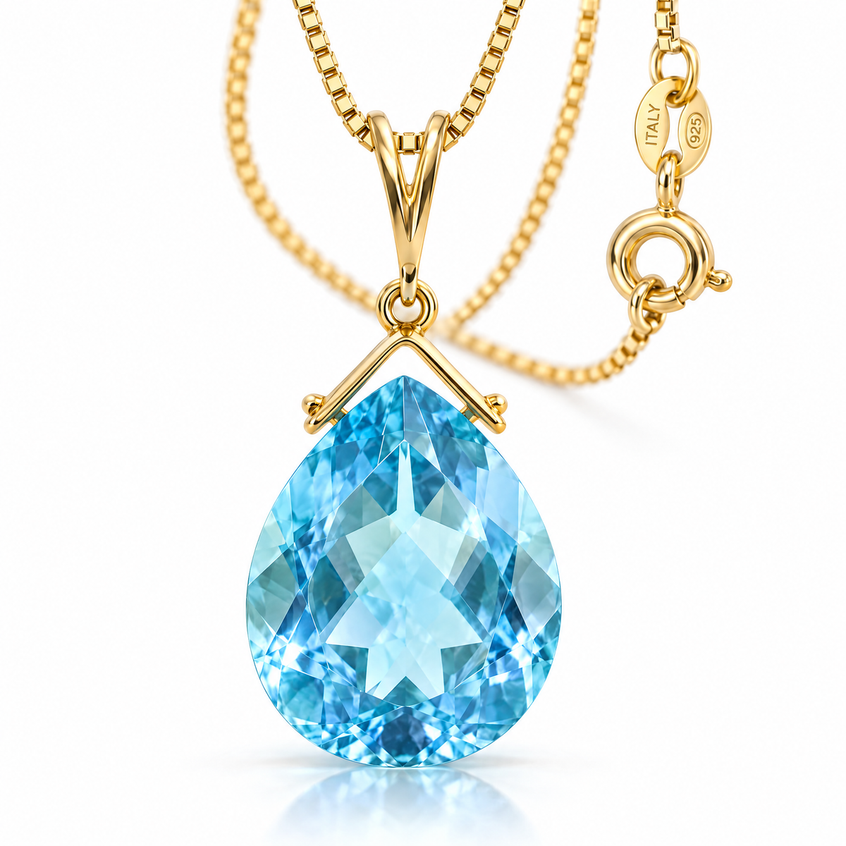 Yellow Gold Chiara natural blue topaz necklace, shown with chain and clasp detail.