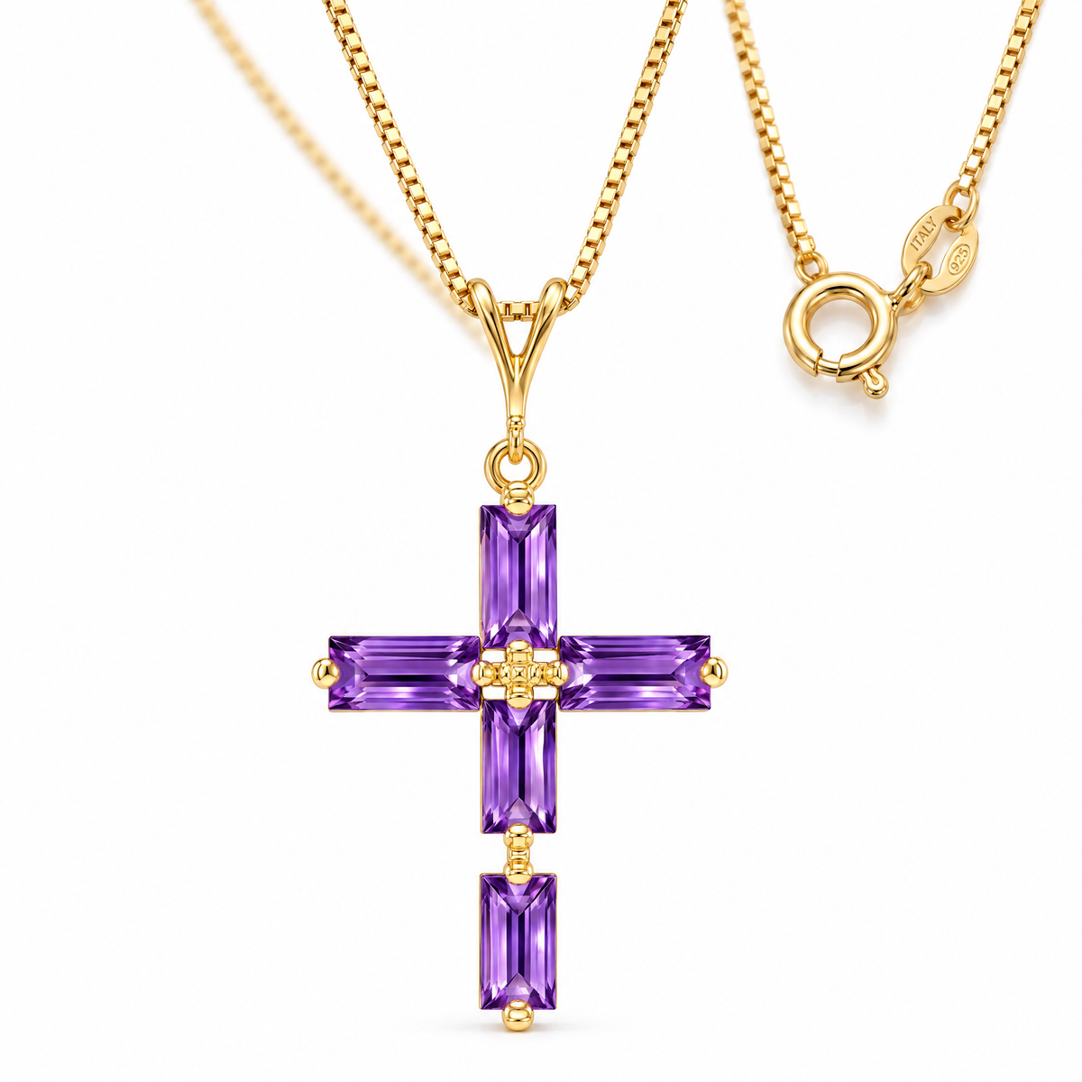 Yellow Gold Emilia natural amethyst necklace, shown with chain and clasp detail.