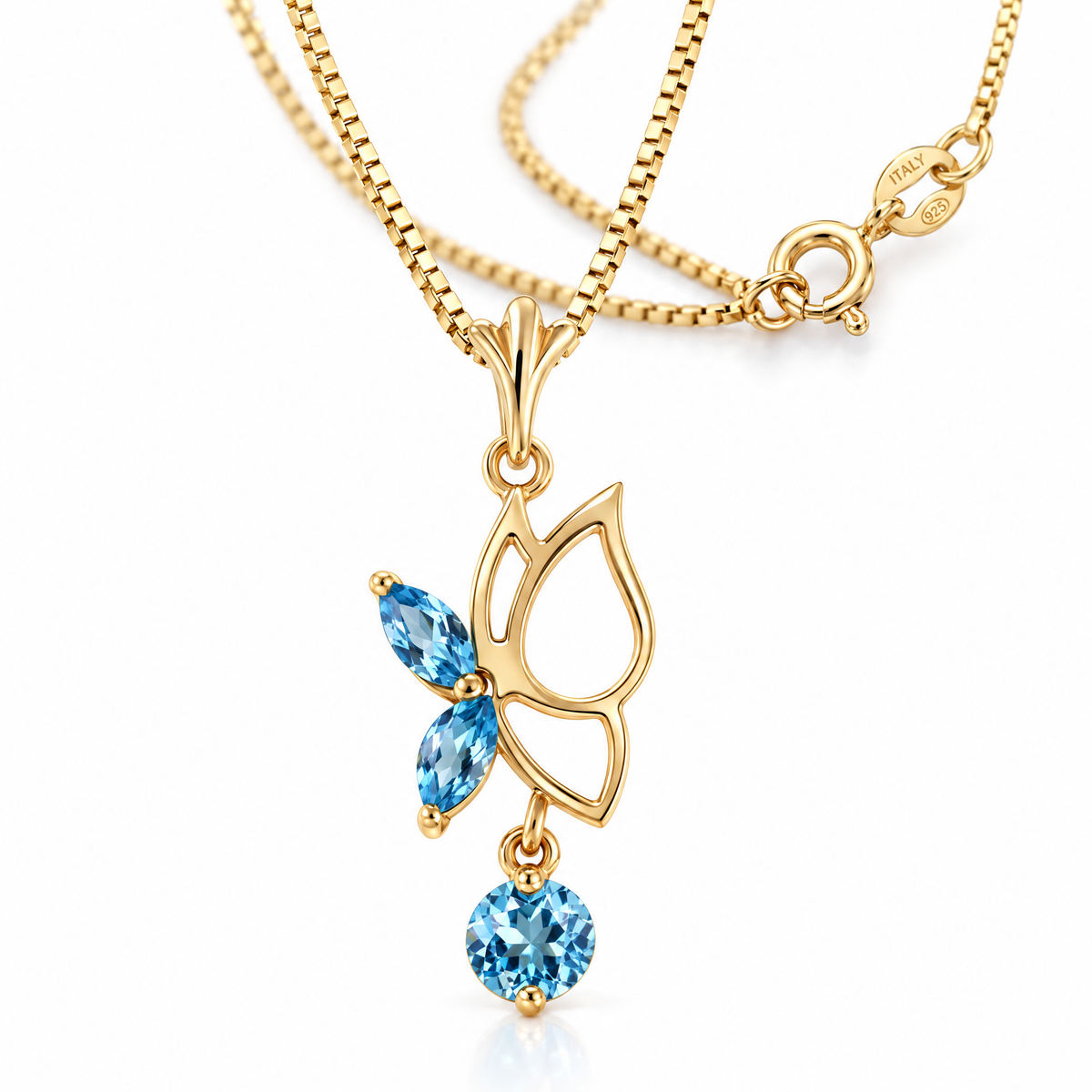 Yellow Gold Fausta natural blue topaz necklace, shown with chain and clasp detail.