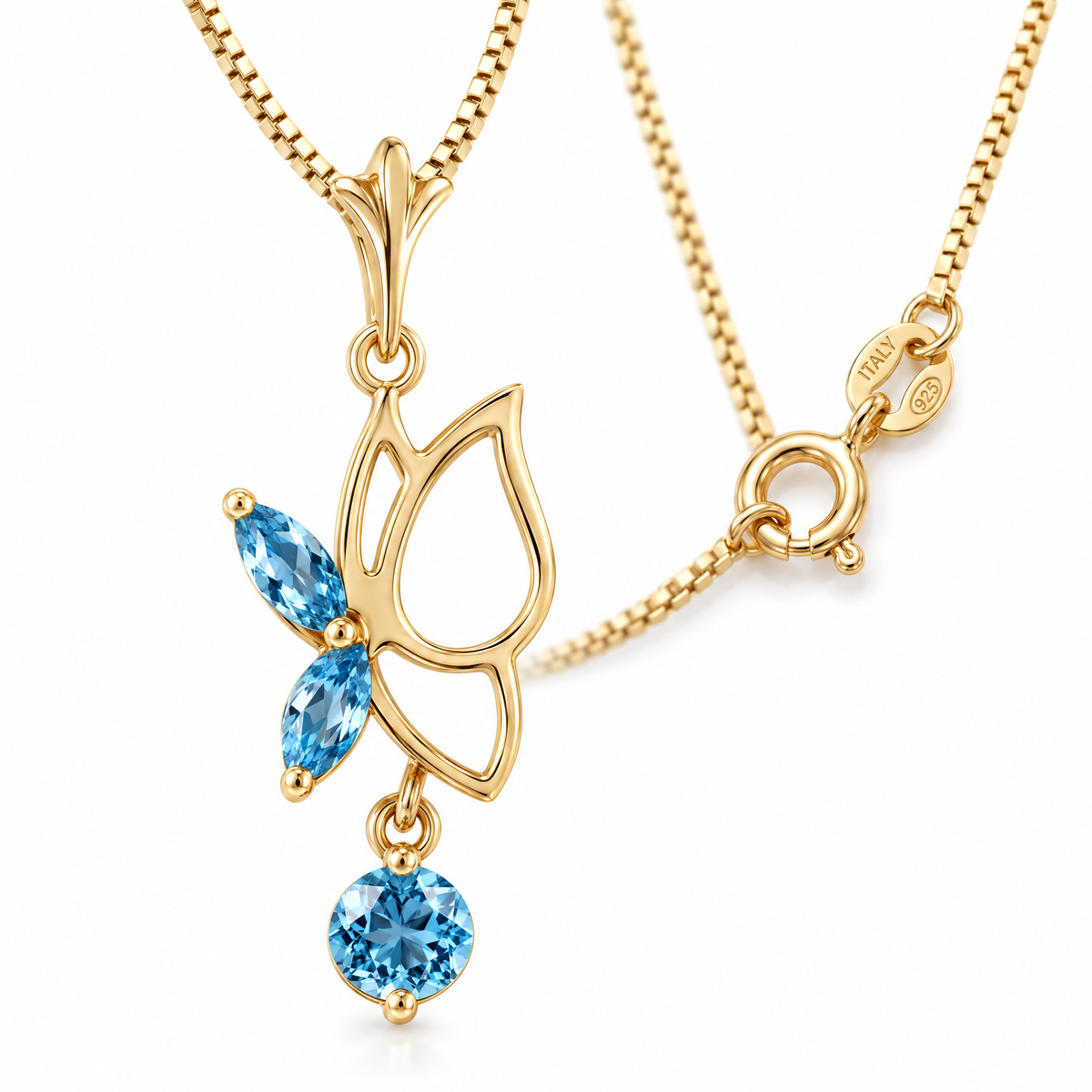 Yellow Gold Fausta natural blue topaz necklace, shown with chain and clasp detail.