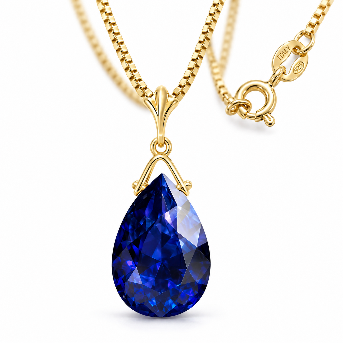 Yellow Gold Giovanna lab-grown sapphire necklace, shown with chain and clasp detail.