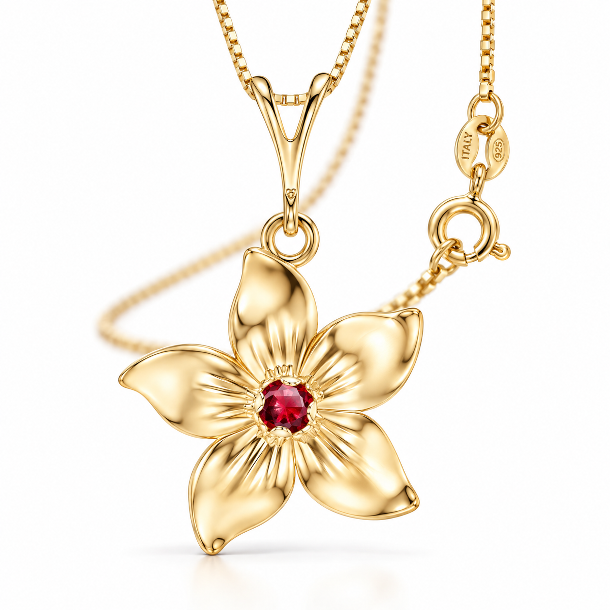 Yellow Gold Arcangela lab-grown ruby necklace, shown with chain and clasp detail.