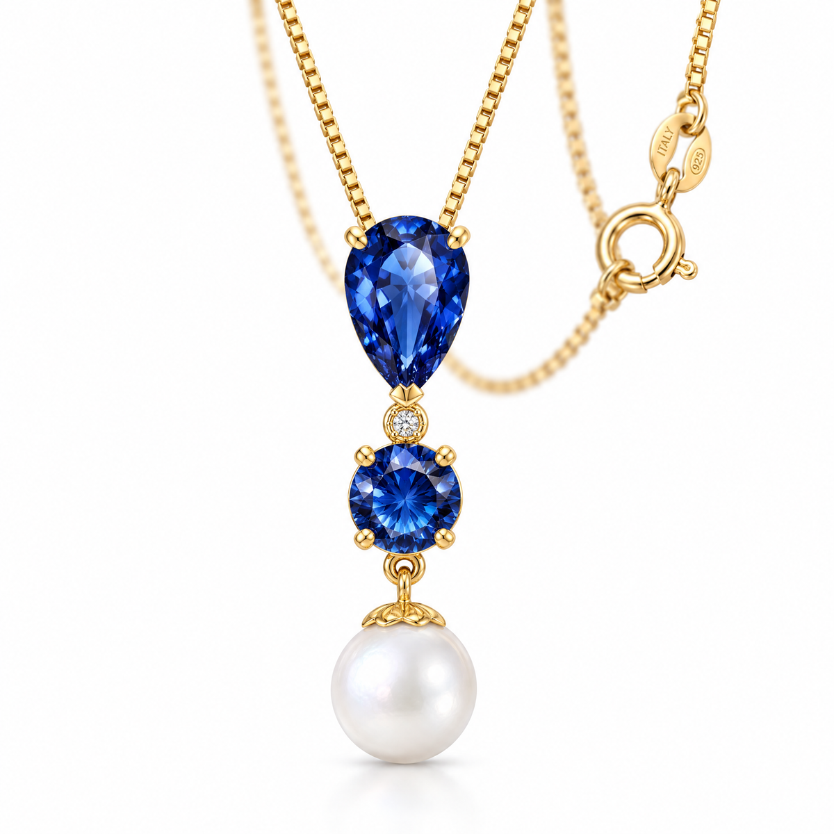 Yellow Gold Domitilla lab-grown sapphire necklace, shown with chain and clasp detail.