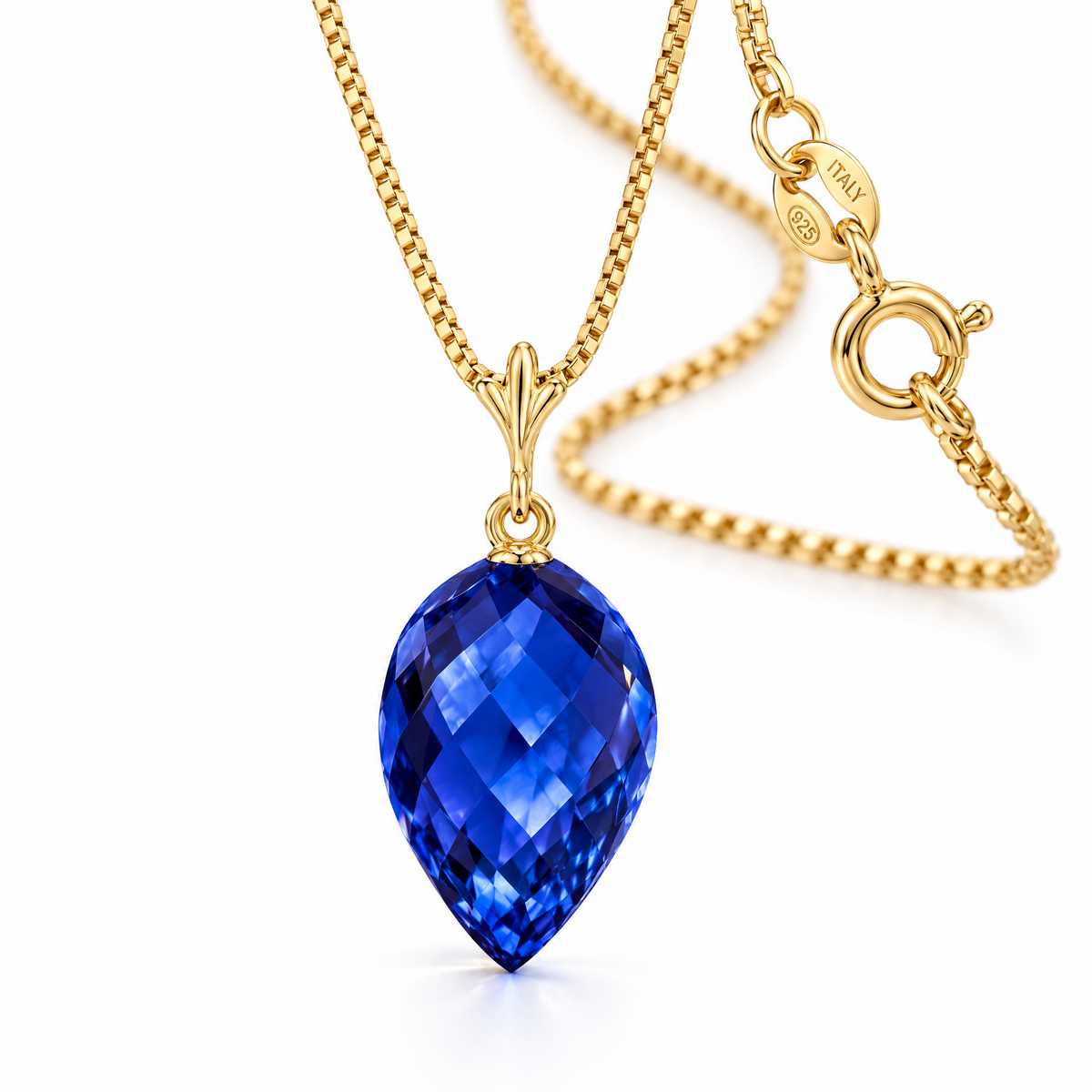 Yellow Gold Ornella lab-grown sapphire necklace, shown with chain and clasp detail.