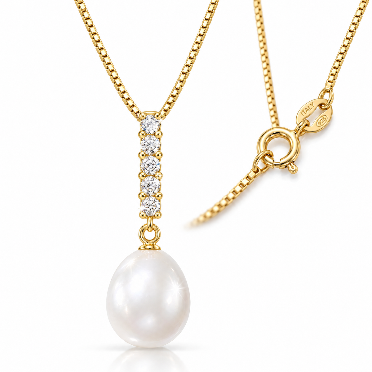 Yellow Gold Eulalia lab-grown diamond and pearl necklace, shown with chain and clasp detail.