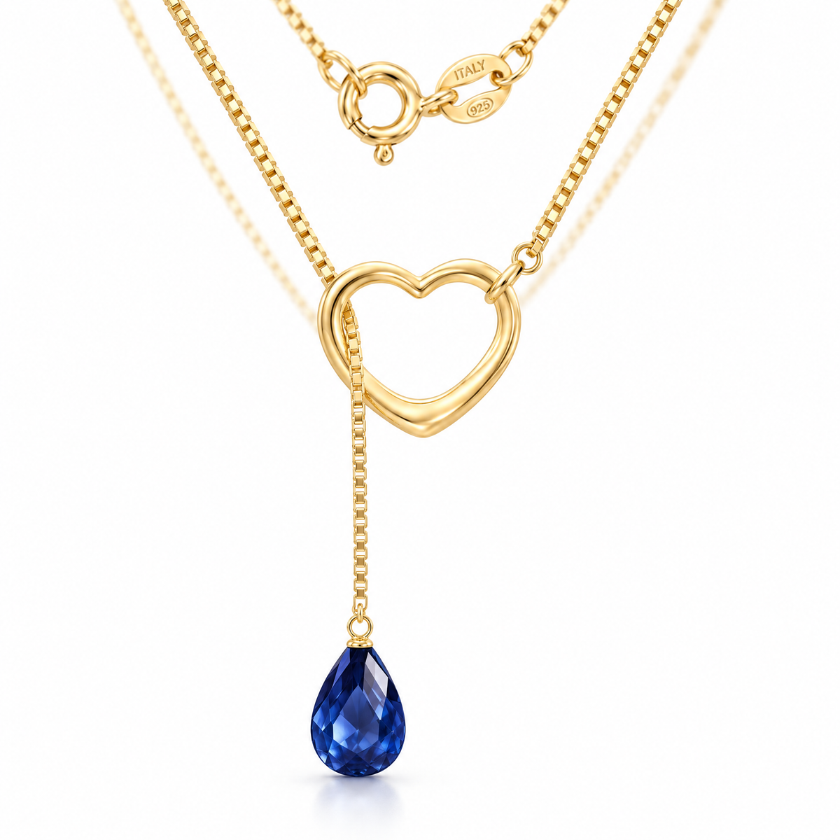 Yellow Gold Lucia lab-grown sapphire necklace, shown with chain and clasp detail.