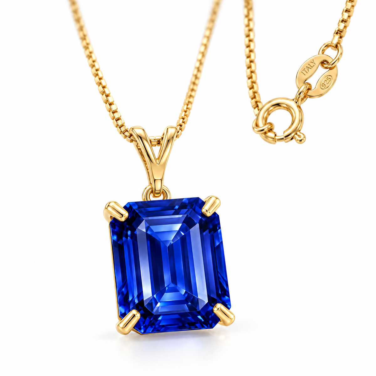 Yellow Gold Isaura lab-grown sapphire necklace, shown with chain and clasp detail.