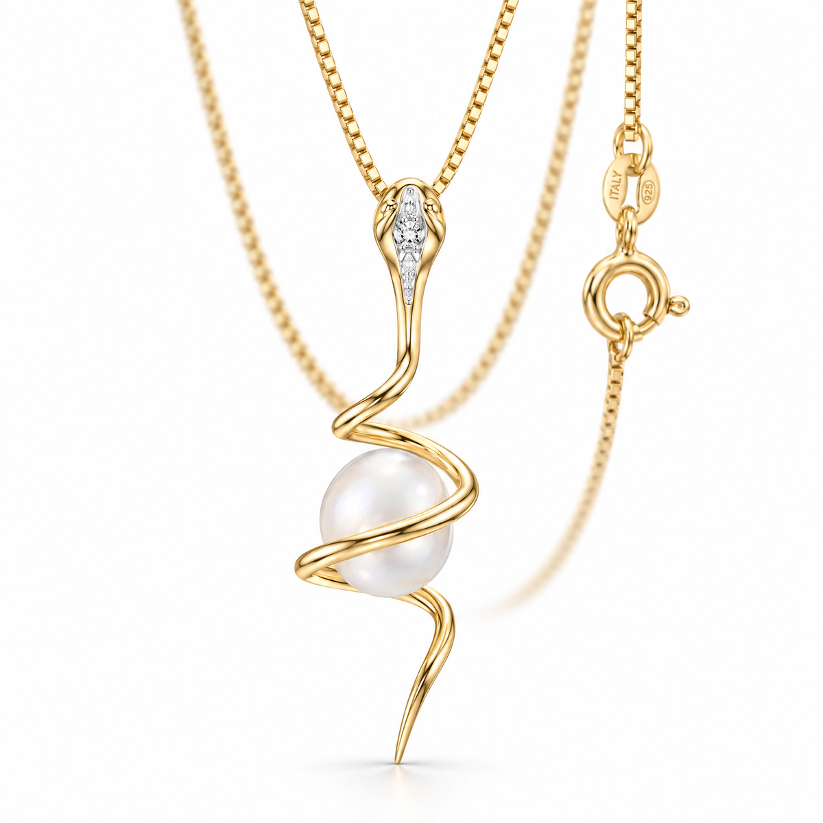 Yellow Gold Adele freshwater pearl necklace, shown with chain and clasp detail.