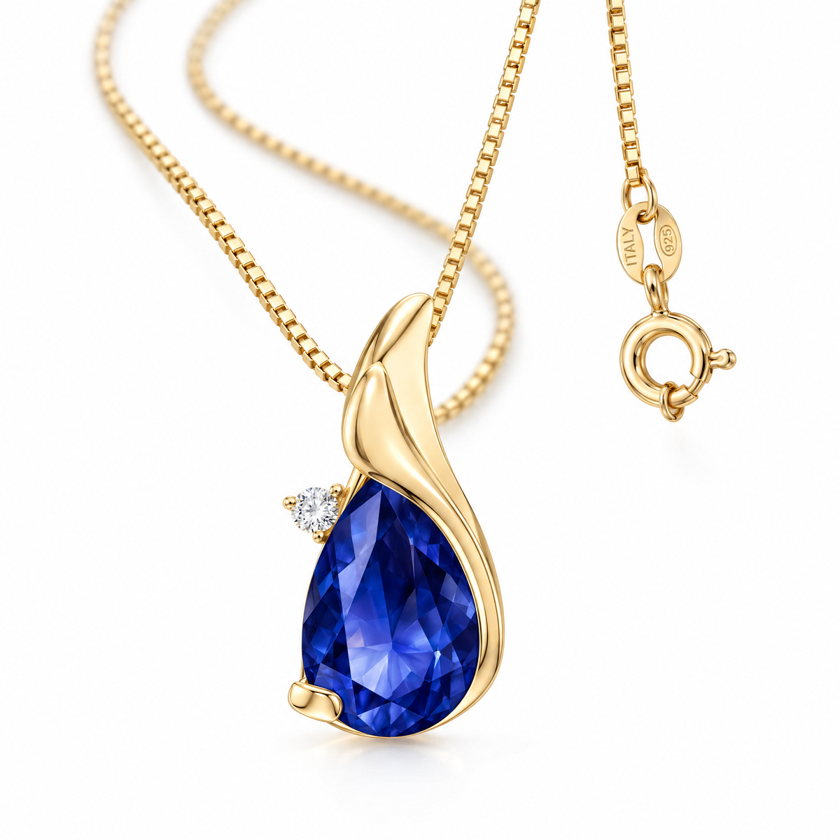 Yellow Gold Brunella lab-grown sapphire necklace, shown with chain and clasp detail.