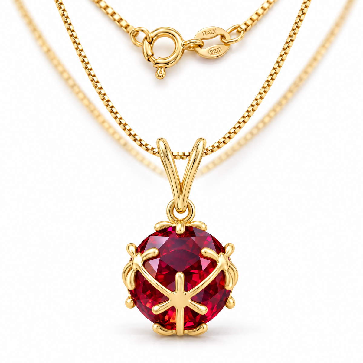 Yellow Gold Flora lab-grown ruby necklace, shown with chain and clasp detail.