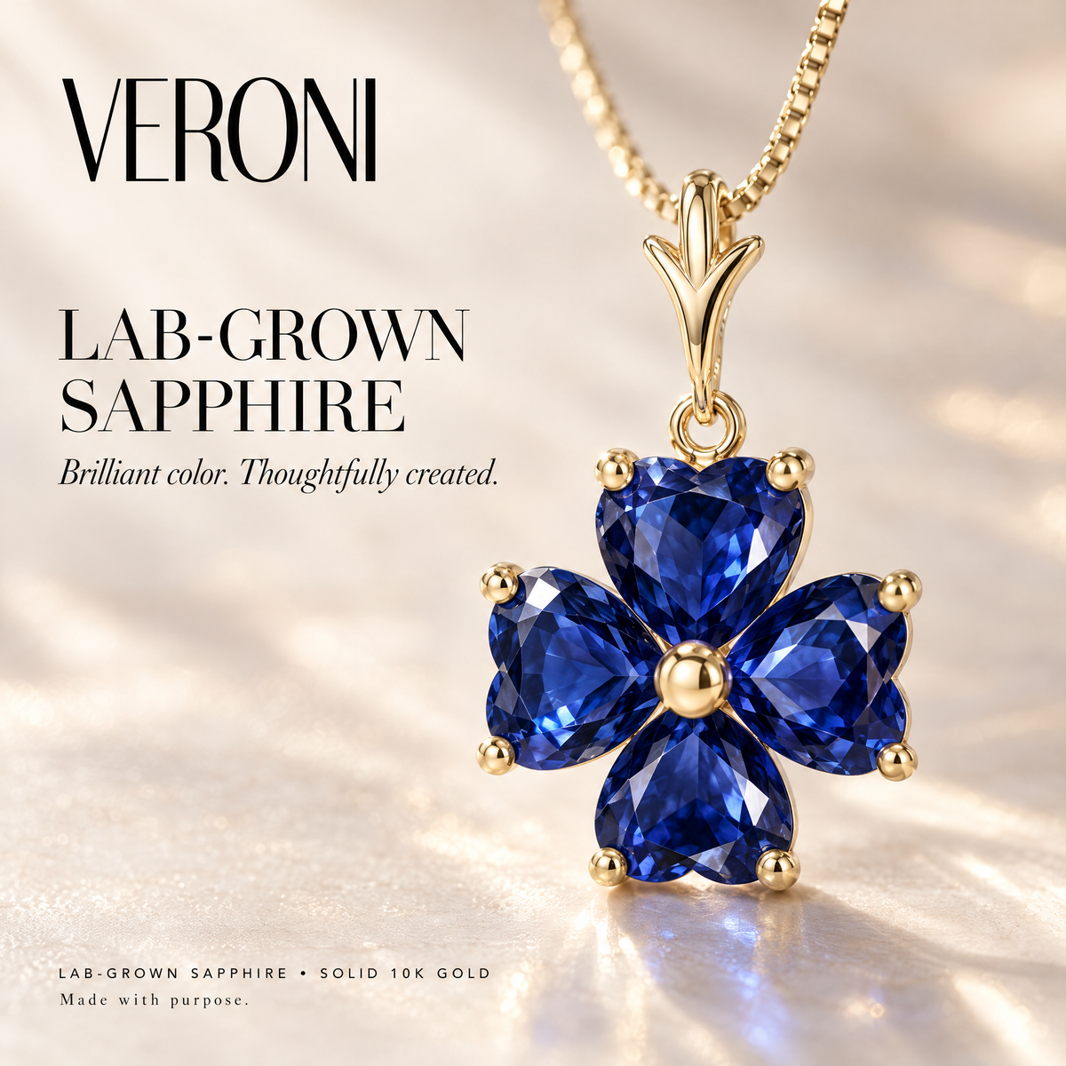 Yellow Gold Selene lab-grown sapphire necklace in a VERONI campaign.
