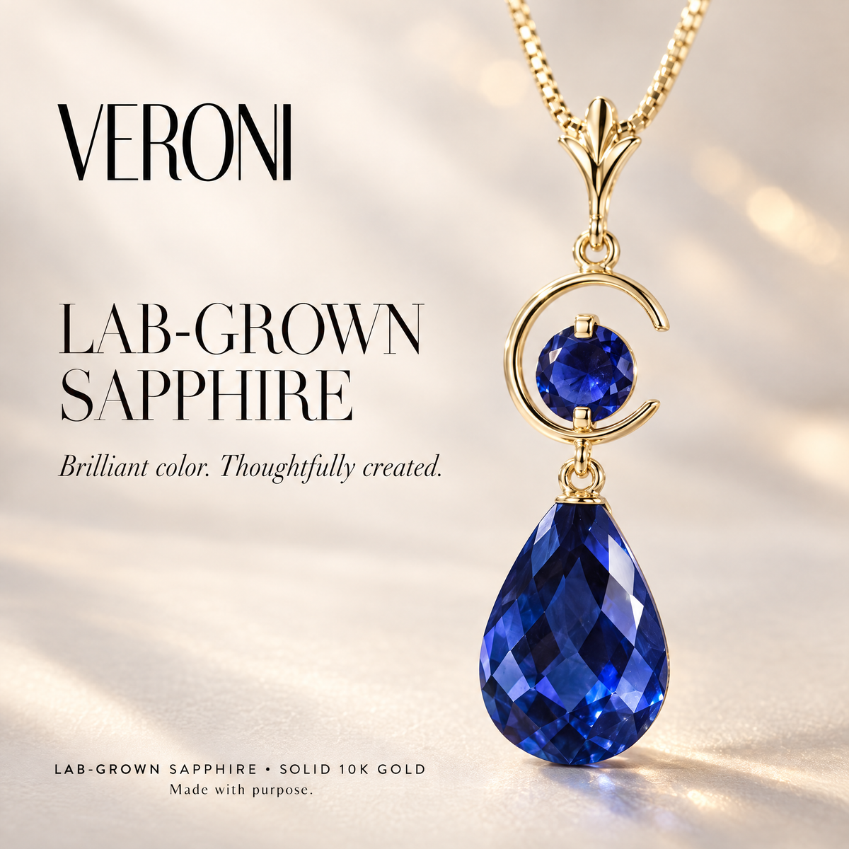 Yellow Gold Nicolina lab-grown sapphire necklace in a VERONI campaign.