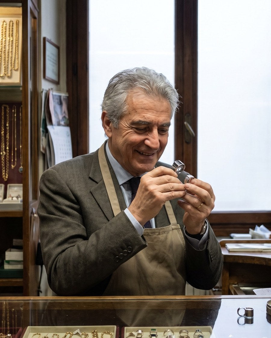 Pierre Veroni examining a ring at the goldsmith bench in his Los Angeles workshop