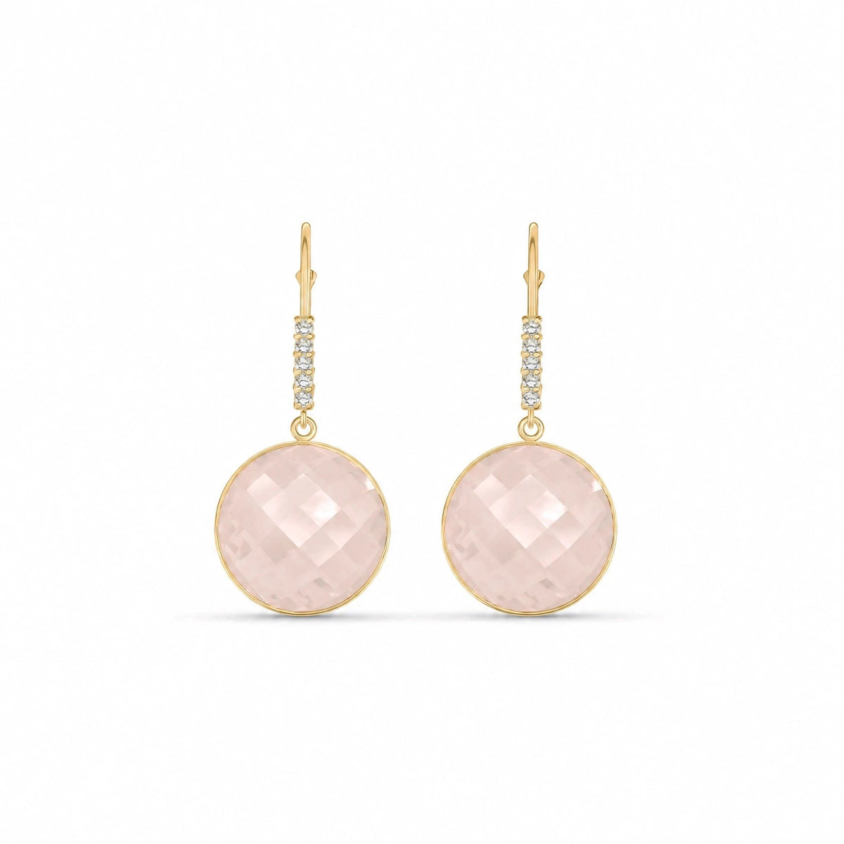 Yellow Gold Earrings Rose Quartz & Diamond — Felicia Earrings, front view