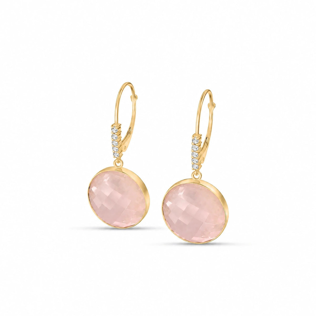 Yellow Gold Earrings Rose Quartz & Diamond — Felicia Earrings, view 2