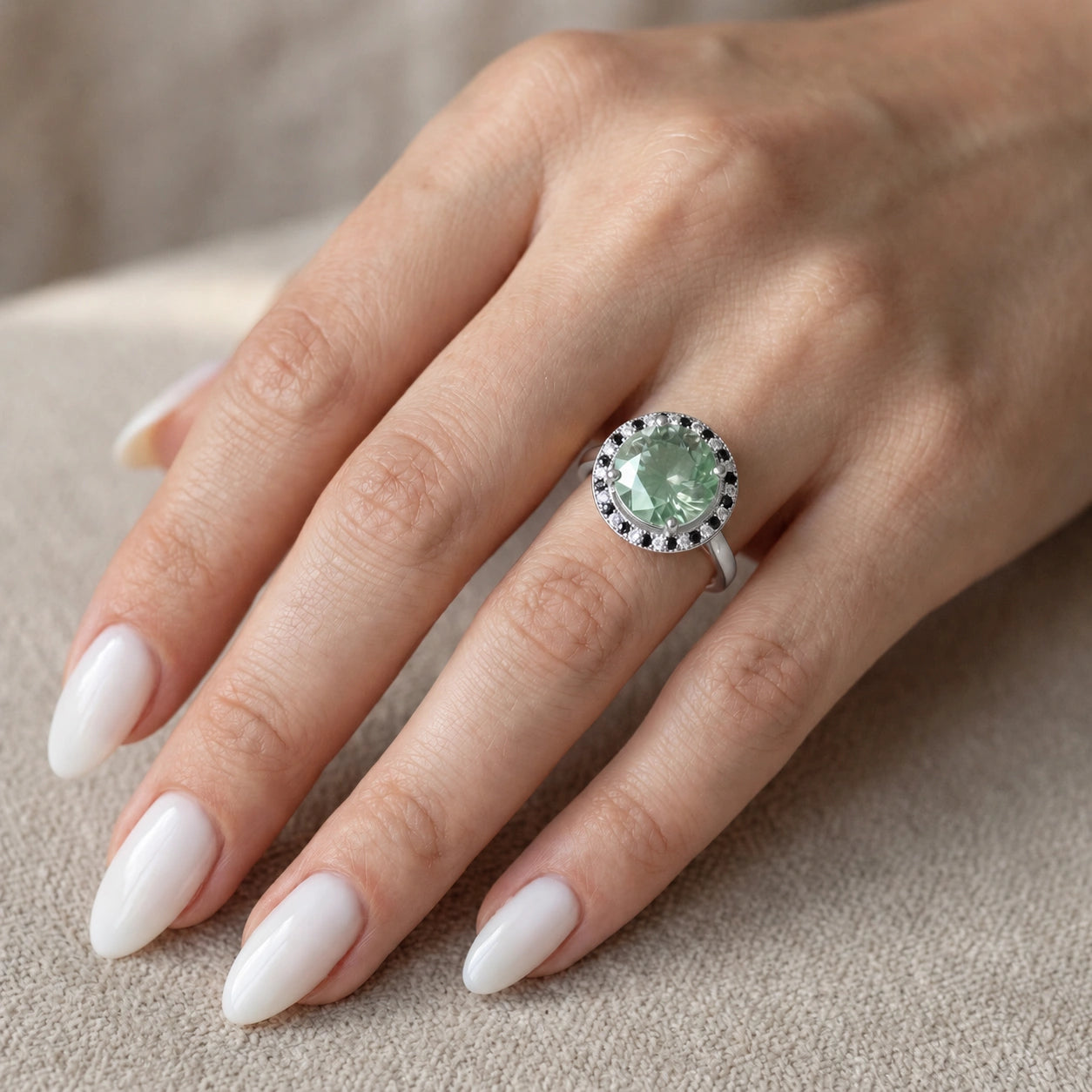 White Gold Ring Green Amethyst 10K — Eleonora