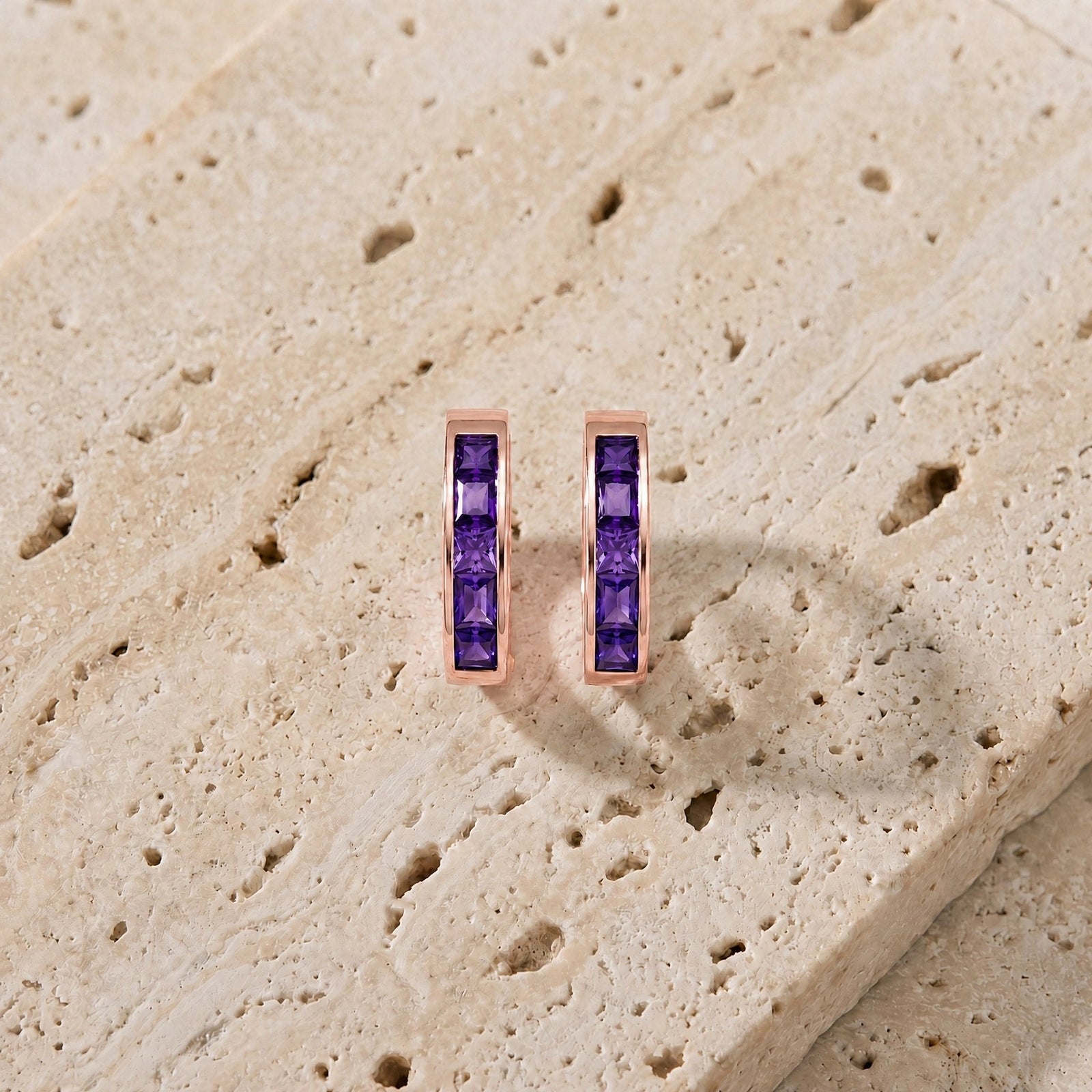 Rose Gold Huggie Earrings Amethyst 10K — Drusilla