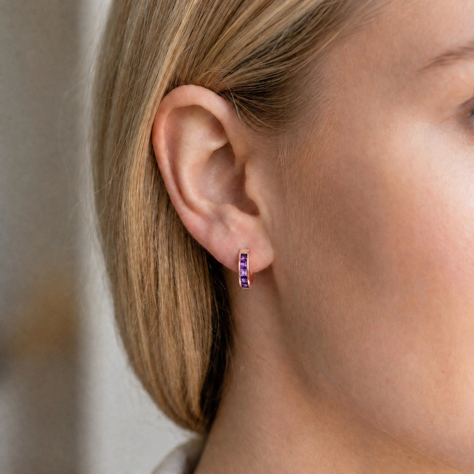 Rose Gold Huggie Earrings Amethyst 10K — Drusilla