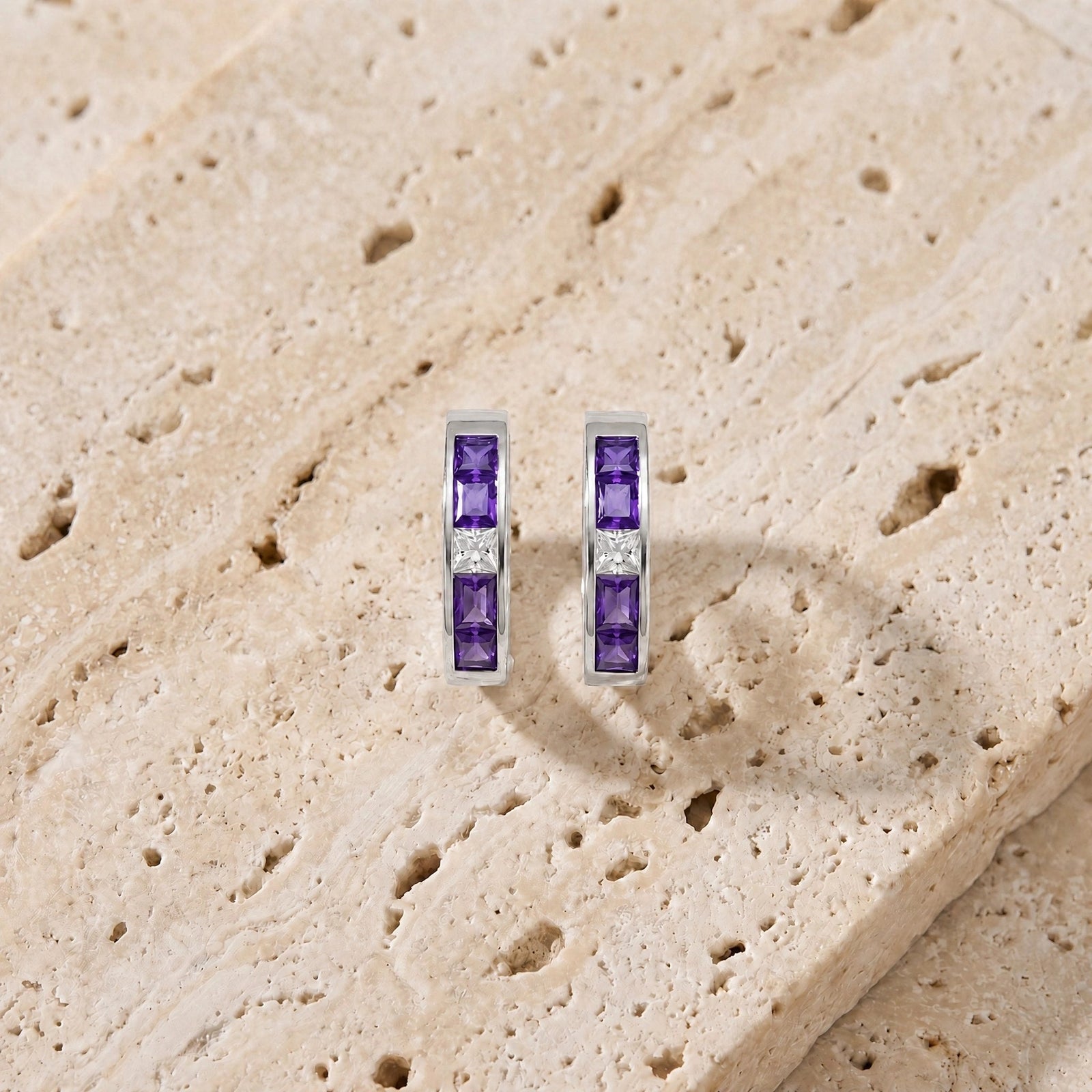 White Gold Huggie Earrings Amethyst 10K — Drusilla