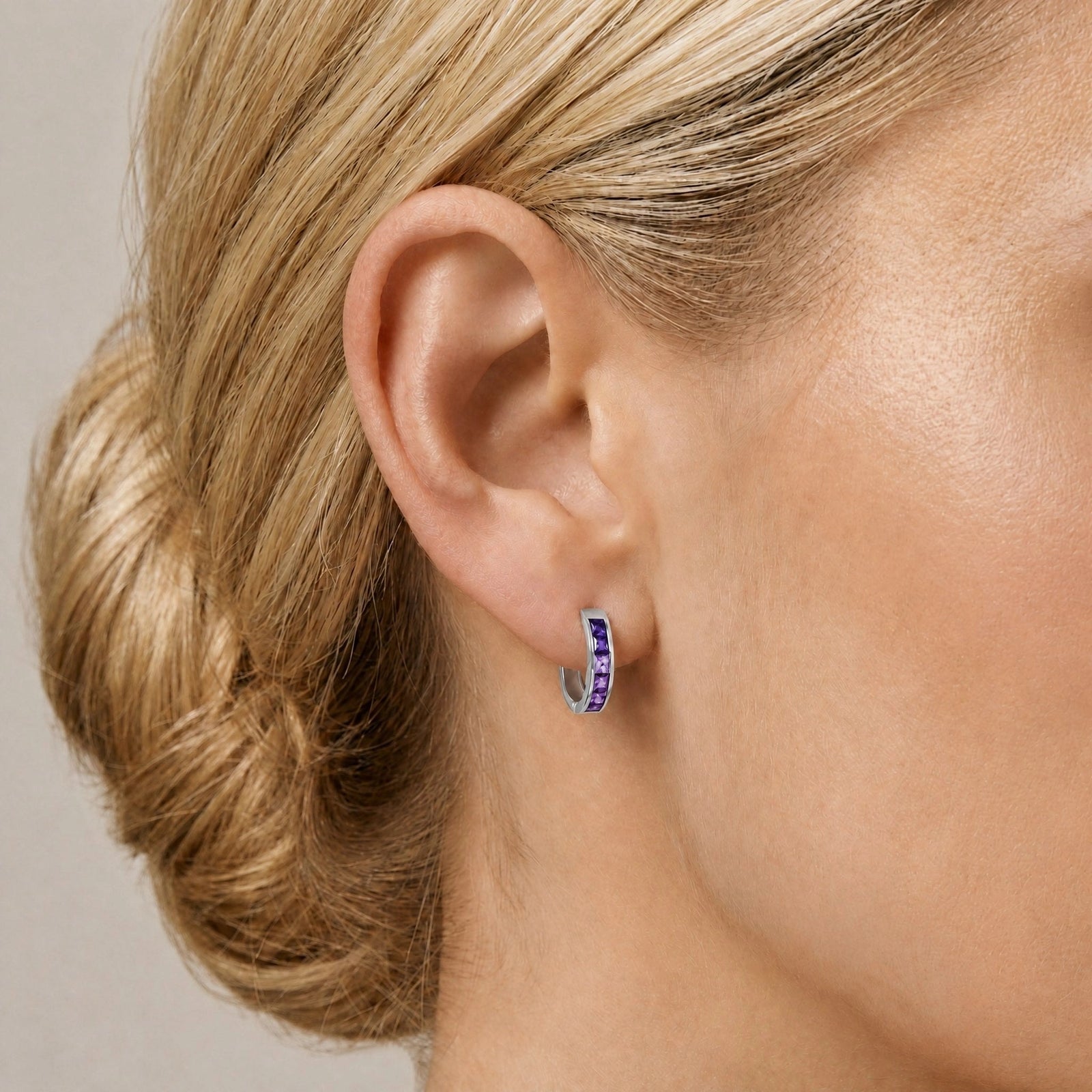 White Gold Huggie Earrings Amethyst 10K — Drusilla
