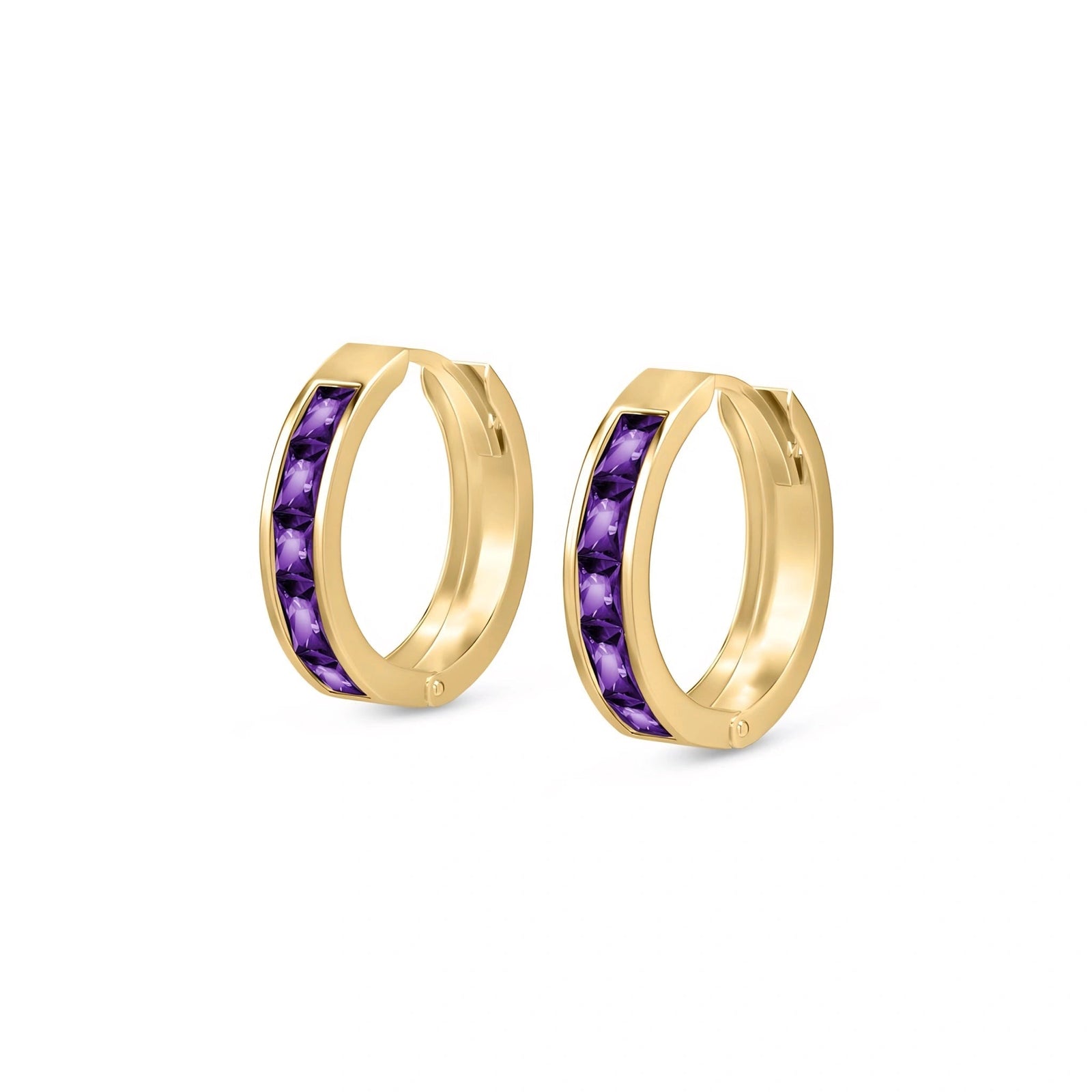 Yellow Gold Huggie Earrings Amethyst 10K — Drusilla