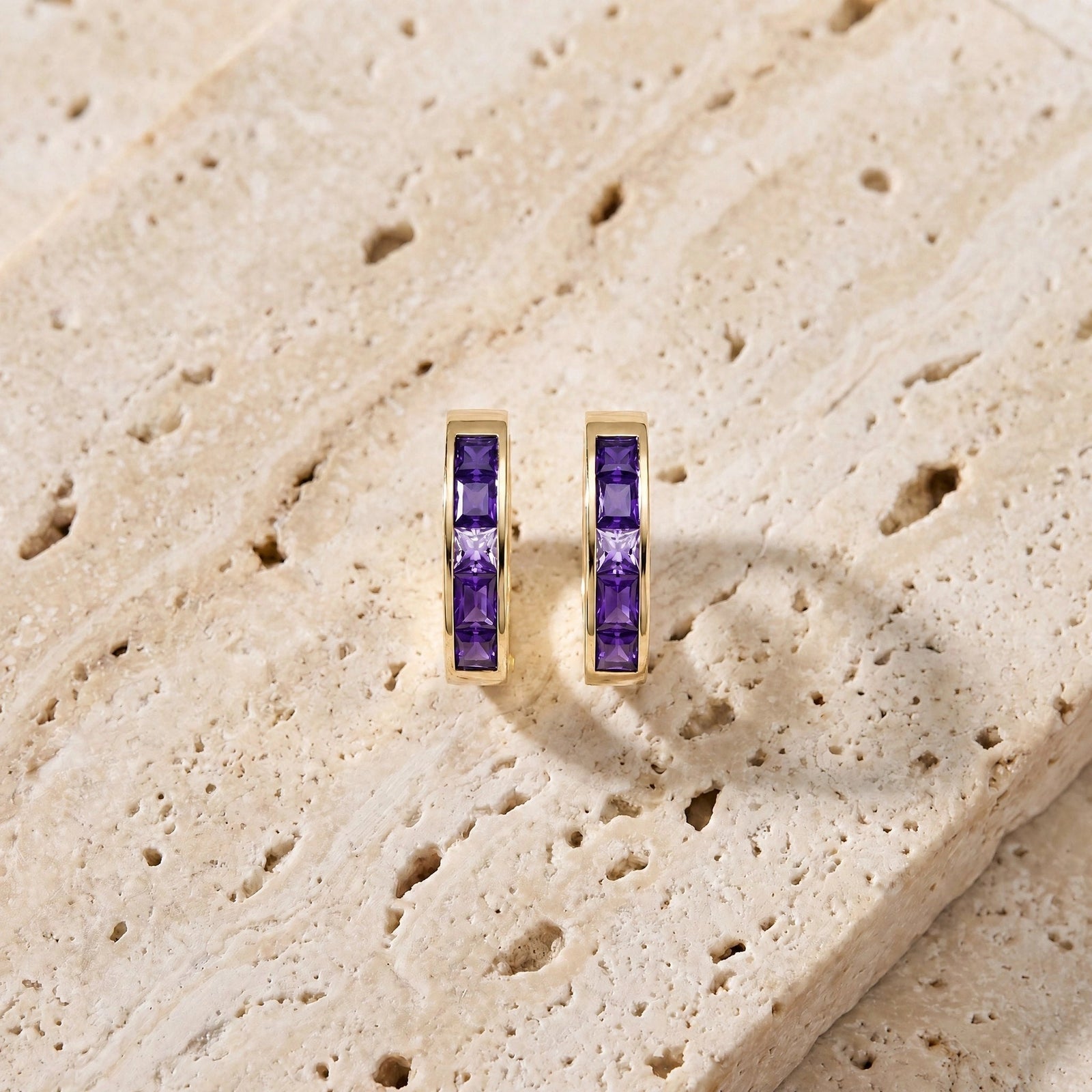 Yellow Gold Huggie Earrings Amethyst 10K — Drusilla