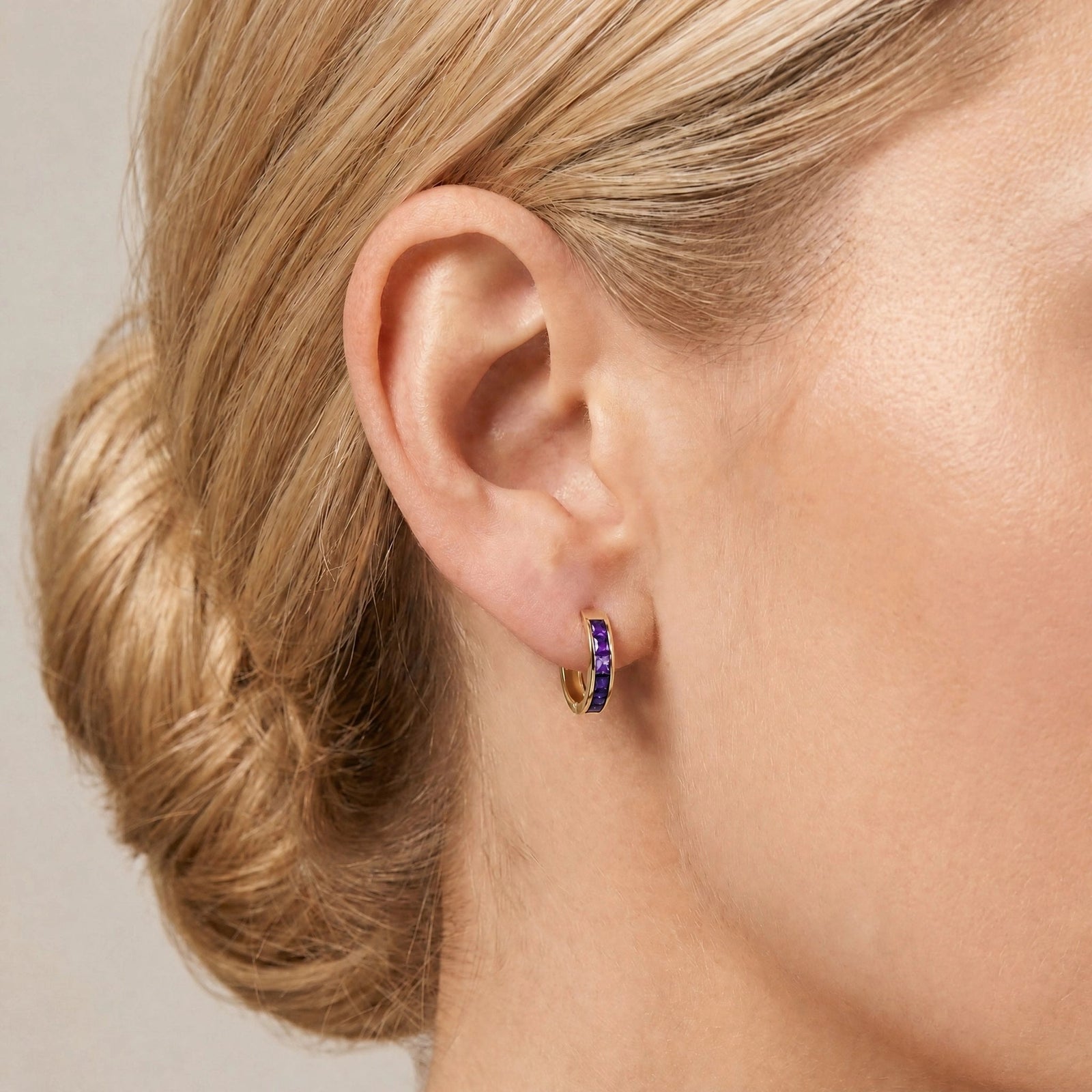 Yellow Gold Huggie Earrings Amethyst 10K — Drusilla