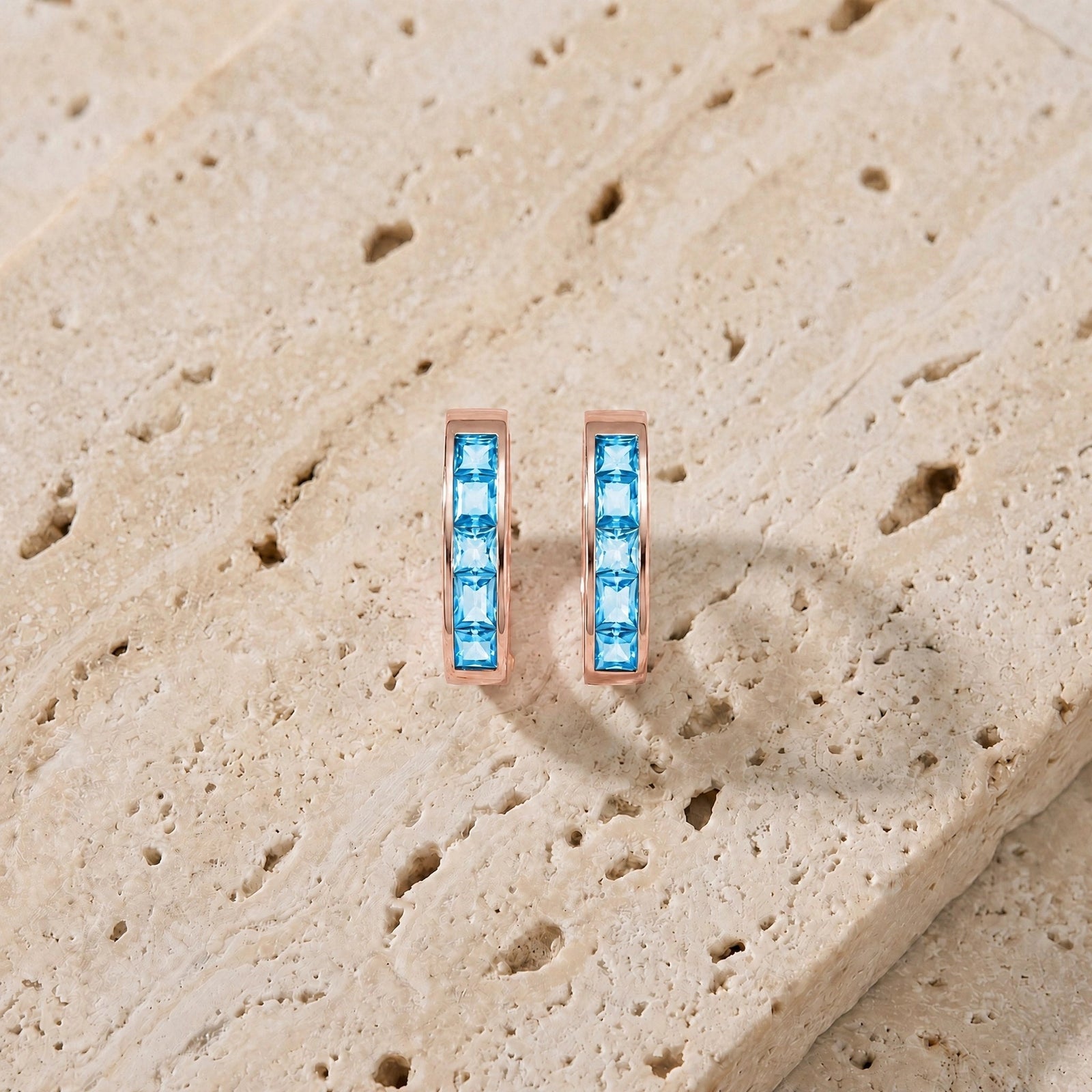 Rose Gold Huggie Earrings Aquamarine 10K — Drusilla