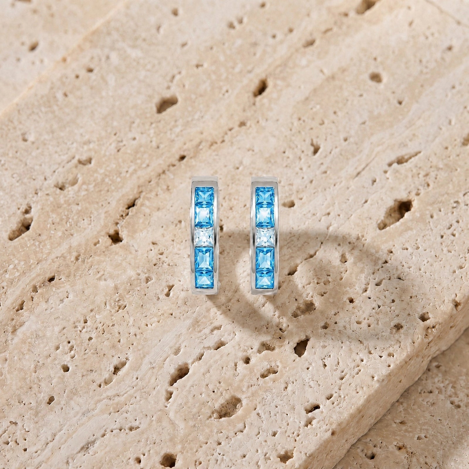 White Gold Huggie Earrings Aquamarine 10K — Drusilla