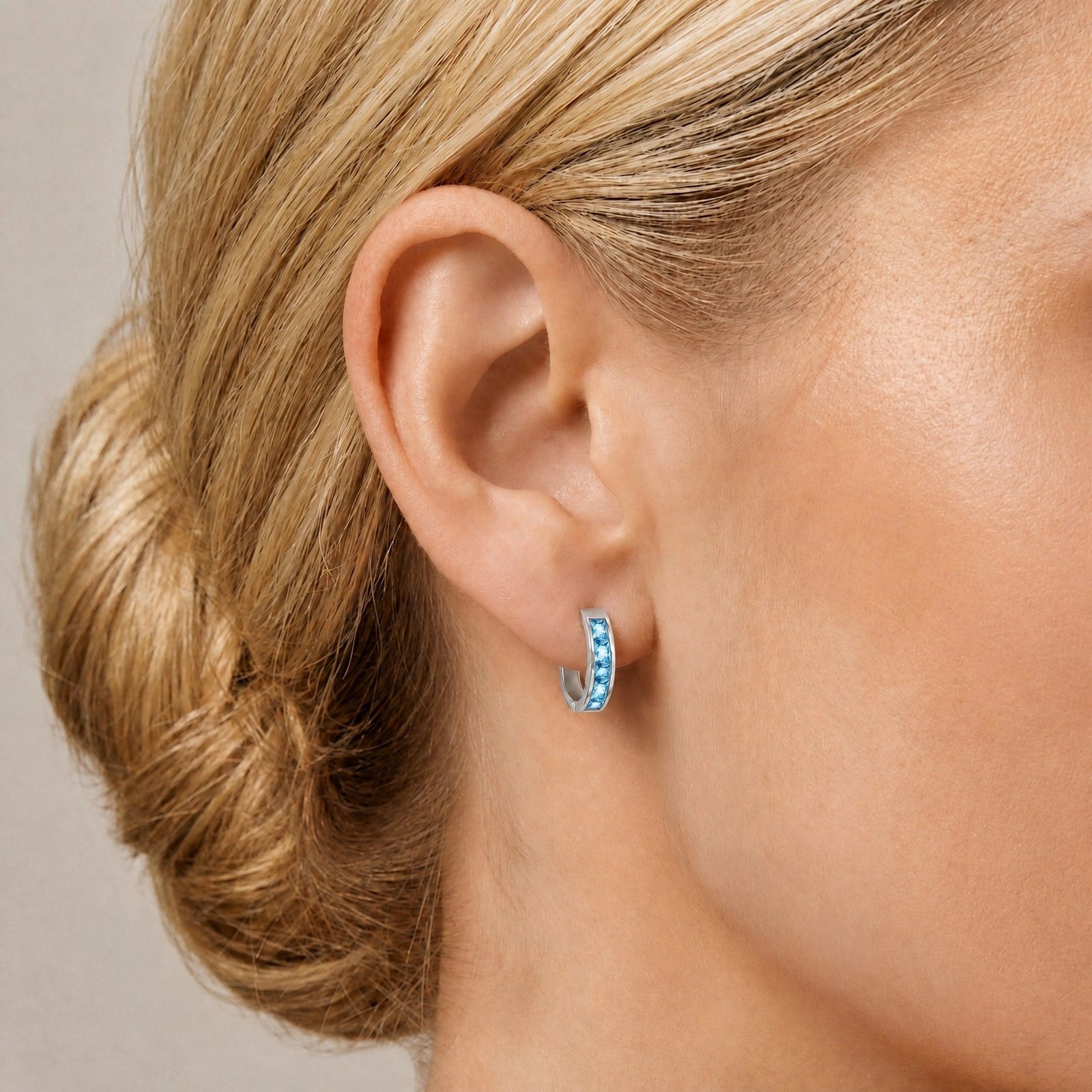 White Gold Huggie Earrings Aquamarine 10K — Drusilla