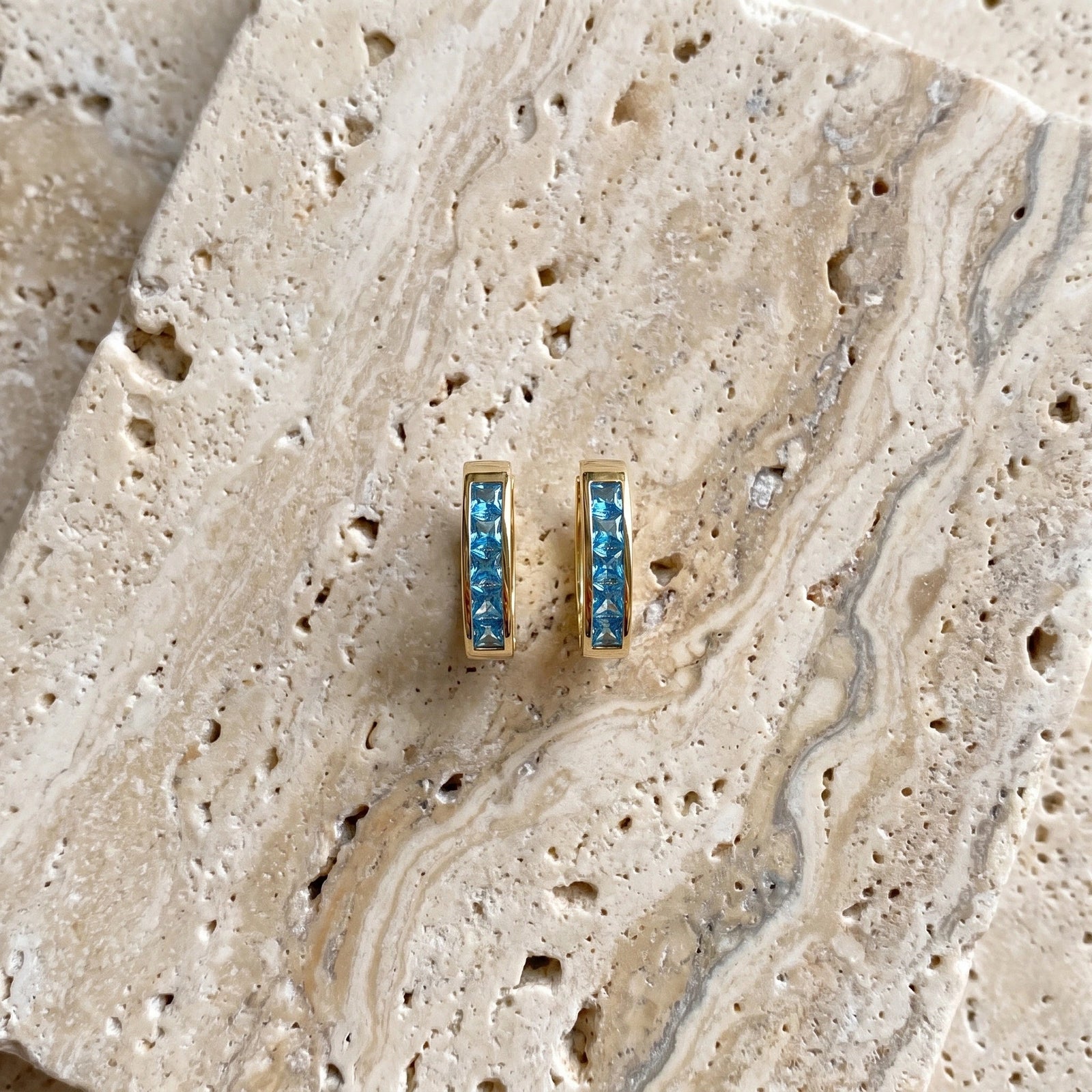 Yellow Gold Huggie Earrings Aquamarine 10K — Drusilla