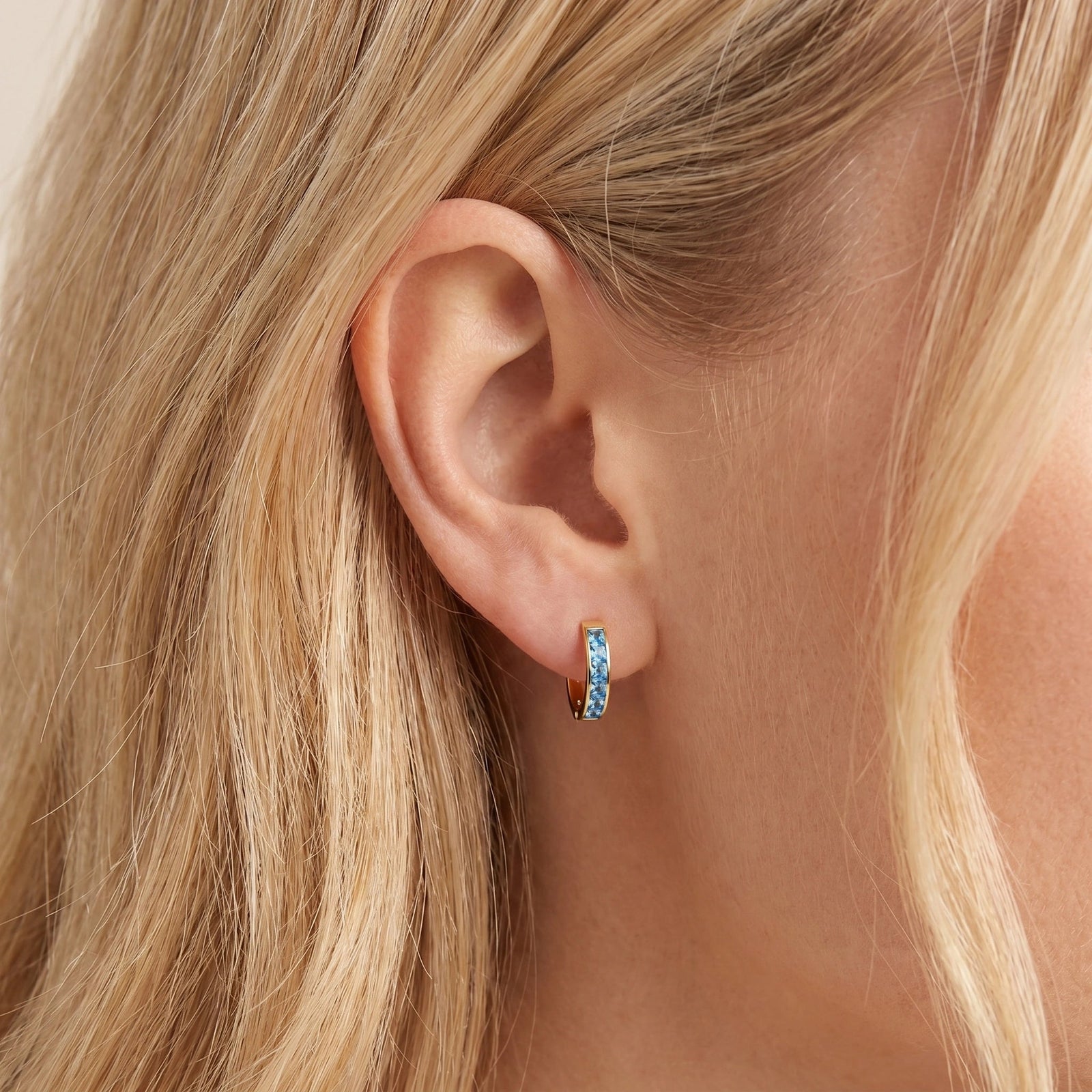 Yellow Gold Huggie Earrings Aquamarine 10K — Drusilla