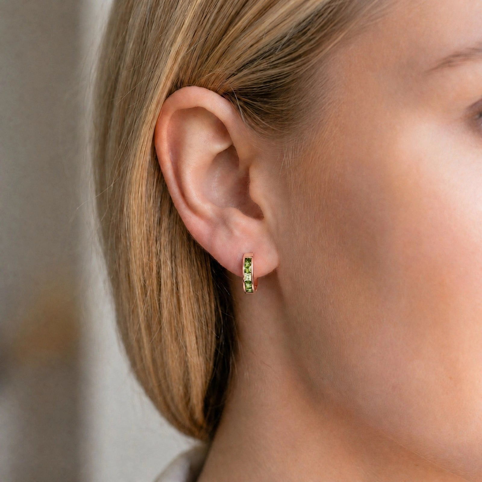 Rose Gold Huggie Earrings Blue Topaz 10K — Drusilla