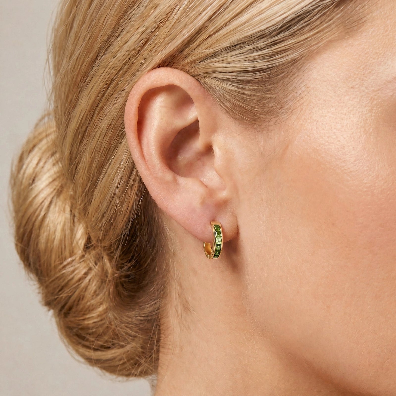 Yellow Gold Huggie Earrings Blue Topaz 10K — Drusilla