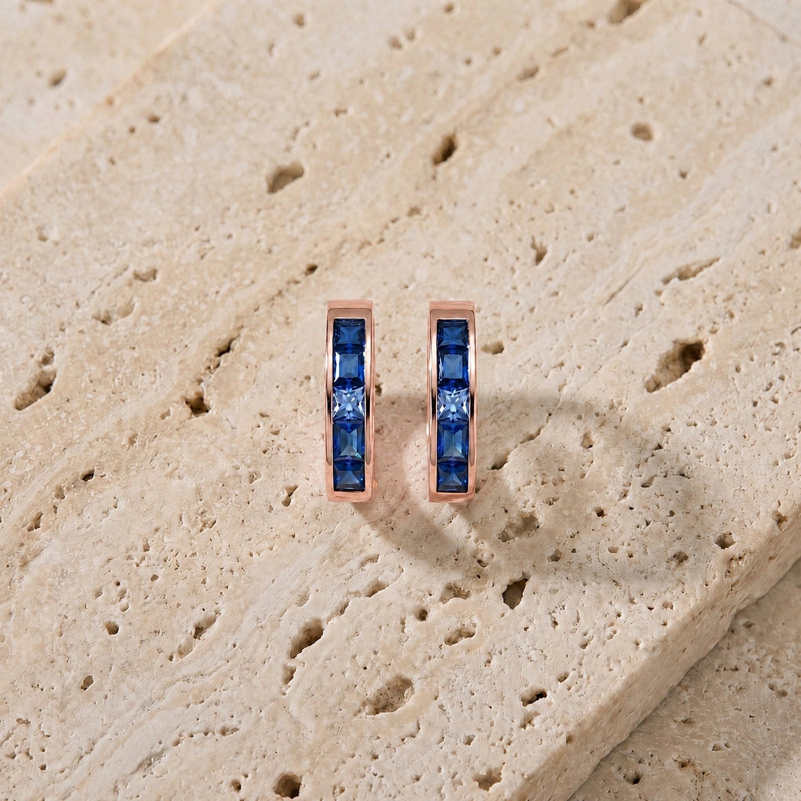 Rose Gold Huggie Earrings Emerald 10K — Drusilla