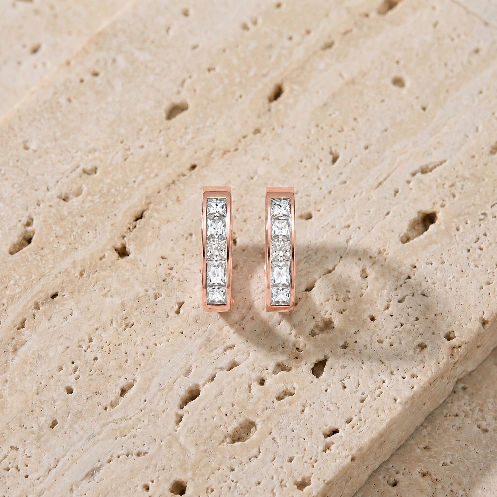 Rose Gold Huggie Earrings White Topaz 10K — Drusilla