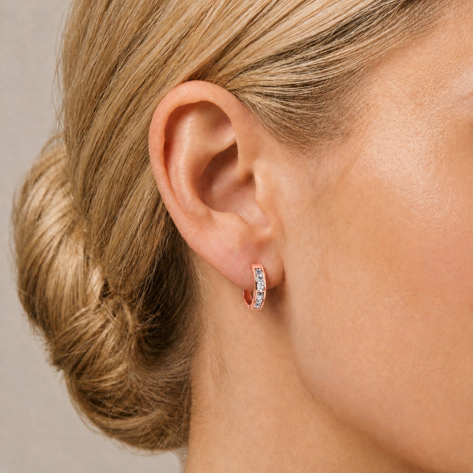 Rose Gold Huggie Earrings White Topaz 10K — Drusilla