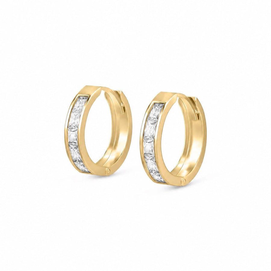 Yellow Gold Huggie Earrings White Topaz 10K — Drusilla