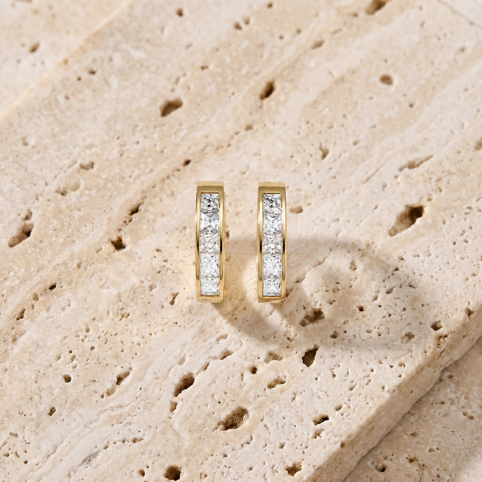 Yellow Gold Huggie Earrings White Topaz 10K — Drusilla